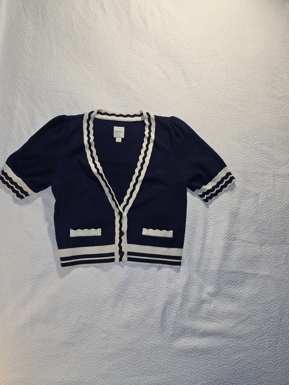 Maeve by Anthropologie Navy Scalloped Short Sleeve V-Neck Cardigan Top Sz M